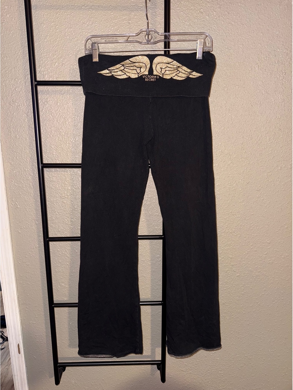 Victoria’s Secret Y2K Foldover Yoga Pants M Black Gold Angel Wings Flare